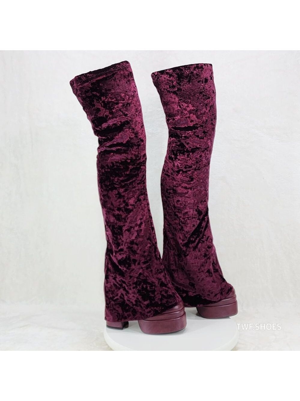 Good Will Unique Thigh High Wine Red Velvet Fold over Chunky Heel Platform Boots - Picture 4 of 10